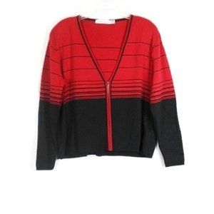 Karen Lessley Red Black Striped Women's V Neck Sweater Front Zip Closure 2X 032
